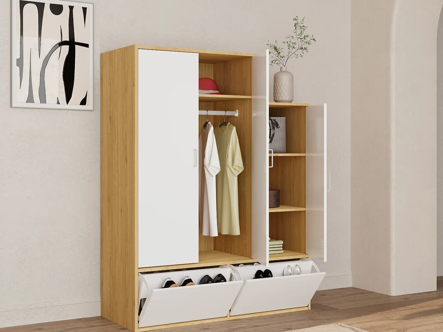 Armario vestidor con 3 puertas, 1 perchero y 2 compartimentos - Blanco y natural - NYVELA