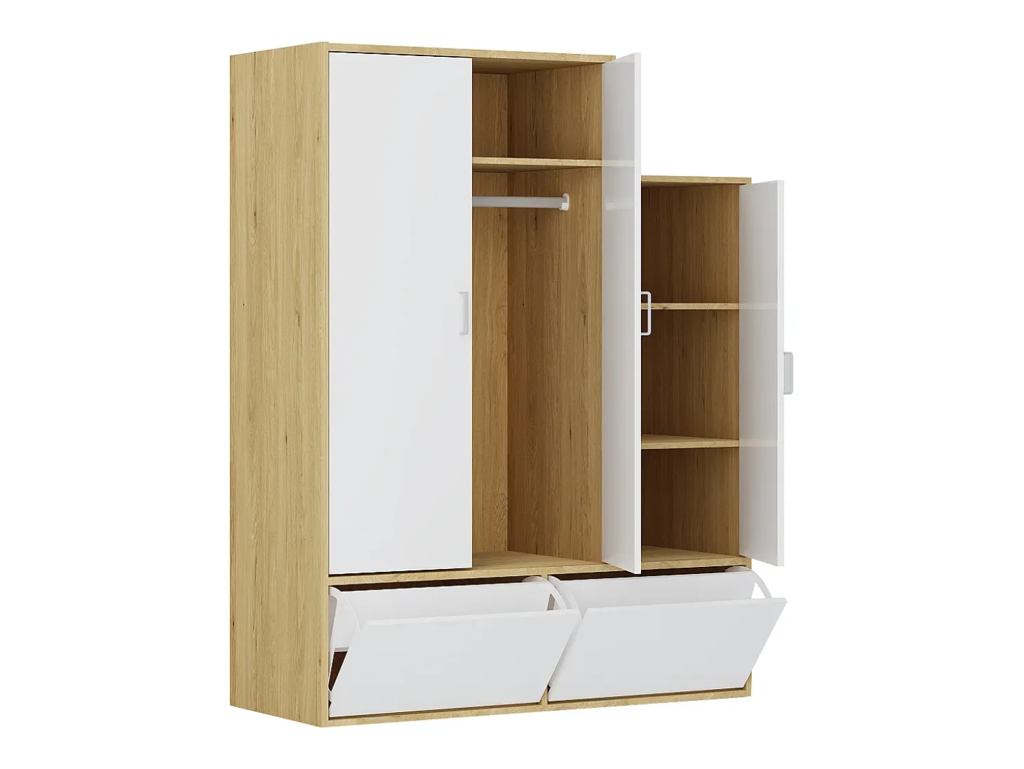 Armario vestidor con 3 puertas, 1 perchero y 2 compartimentos - Blanco y natural - NYVELA