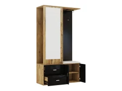 Armario 100x38x108.1 cm - Con espejo - Con zapatero - Con ganchos y perchas retráctiles - Negro + Natural