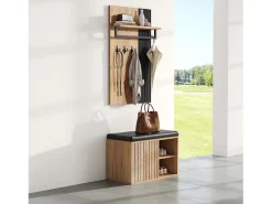 Armario zapatero + panel con 8 ganchos para salón - 70 x 36 x 146 cm - negro y natural