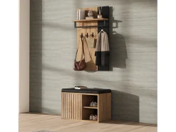 Armario zapatero + panel con 8 ganchos para salón - 70 x 36 x 146 cm - negro y natural
