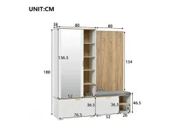 Armario/perchero - 160 x 38 x 180 cm - con mueble y banco zapatero + barra para colgar + 4 ganchos + espejo + puertas - aglomerado - blanco
