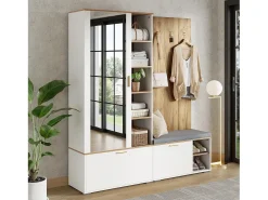 Armario/perchero - 160 x 38 x 180 cm - con mueble y banco zapatero + barra para colgar + 4 ganchos + espejo + puertas - aglomerado - blanco