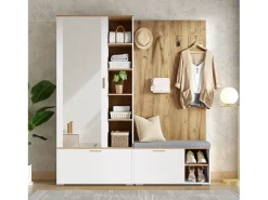 Armario/perchero - 160 x 38 x 180 cm - con mueble y banco zapatero + barra para colgar + 4 ganchos + espejo + puertas - aglomerado - blanco