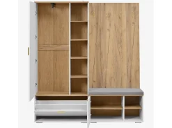 Armario/perchero - 160 x 38 x 180 cm - con mueble y banco zapatero + barra para colgar + 4 ganchos + espejo + puertas - aglomerado - blanco