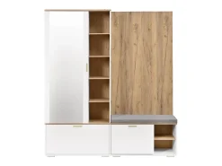 Armario/perchero - 160 x 38 x 180 cm - con mueble y banco zapatero + barra para colgar + 4 ganchos + espejo + puertas - aglomerado - blanco