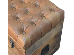 Artisan Furniture Madera maciza Baúl de almacenamiento estilo roble con piel de búfalo