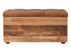 Artisan Furniture Madera maciza Baúl de almacenamiento estilo roble con piel de búfalo