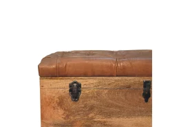 Artisan Furniture Madera maciza Baúl de almacenamiento estilo roble con piel de búfalo