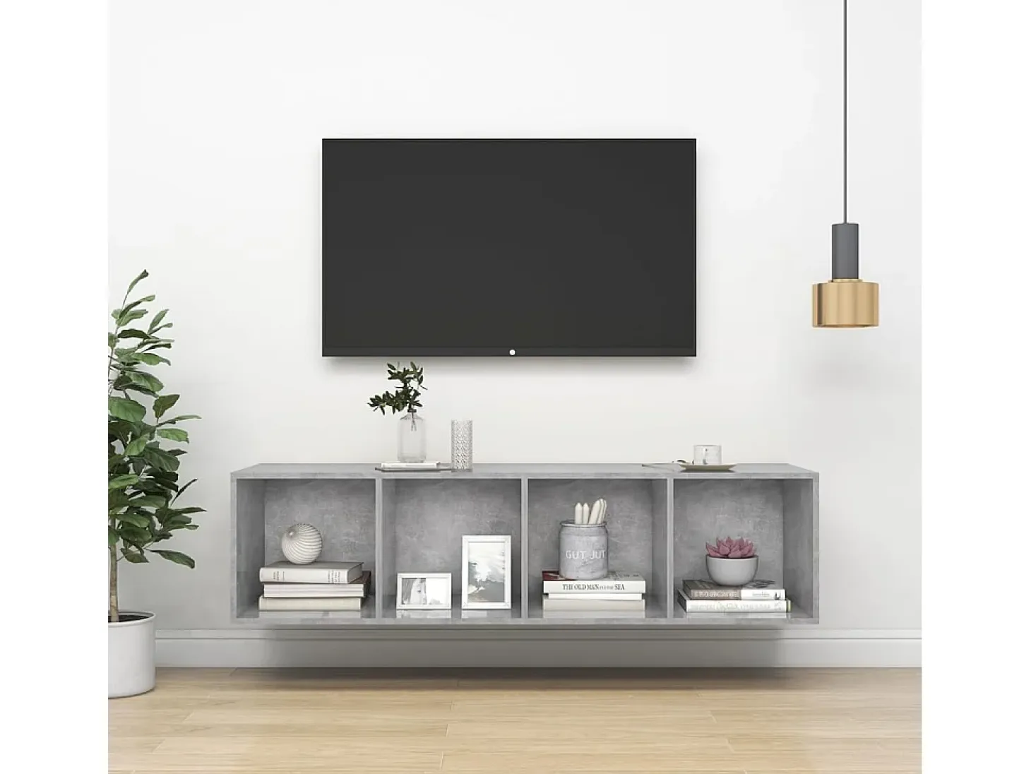 Aymee Mueble TV pared madera contrachapada hormigón 37x37x142,5 cm