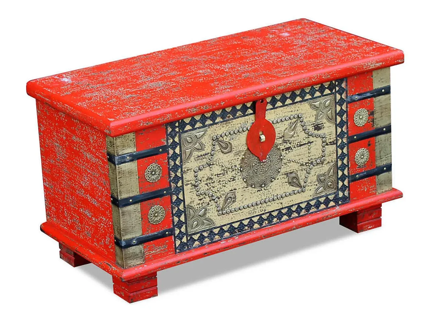 Baúl de almacenamiento madera de mango rojo 80x40x45 cm