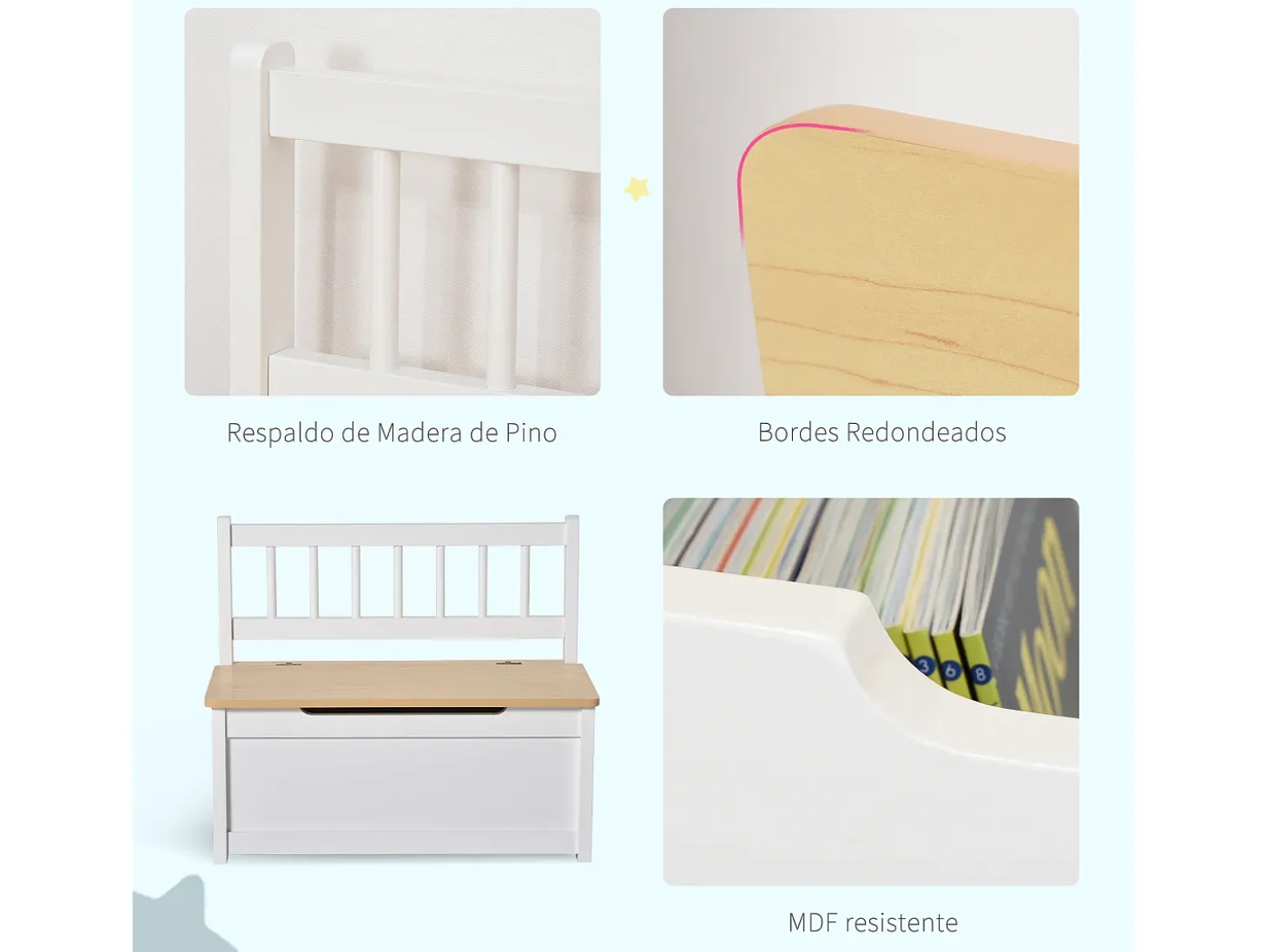 Baúl de juguetes para niños blanco 60x30x50 cm HOMCOM
