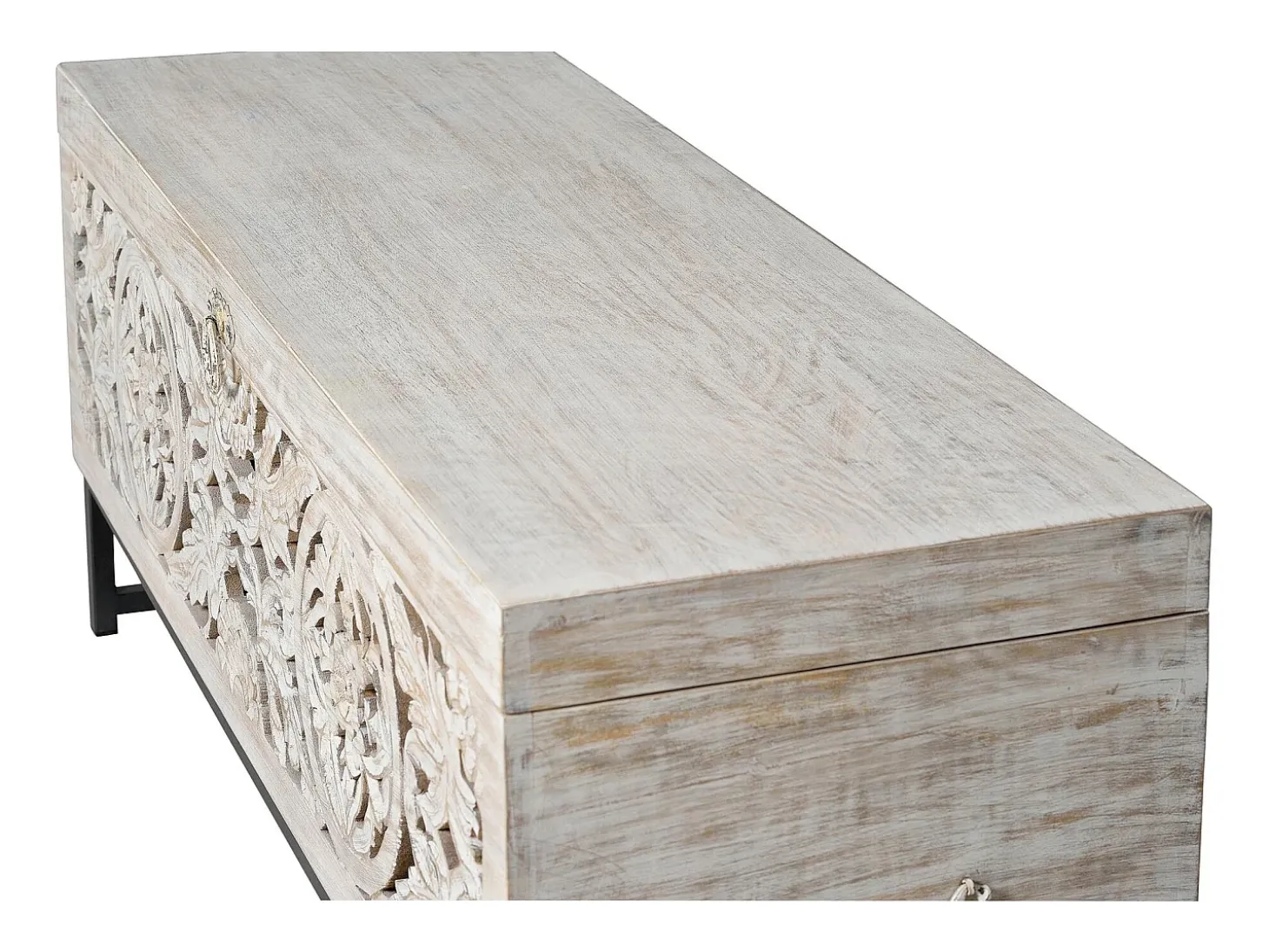 Baúl madera de mango y patas metal en blanco envejecido