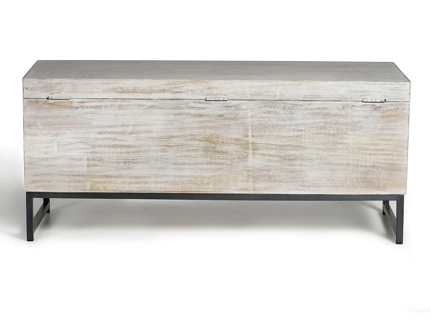 Baúl madera de mango y patas metal en blanco envejecido