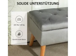 Banco con almacenaje y asiento acolchado, diseño elegante, poliéster y madera de caucho, gris (102x35x43cm)