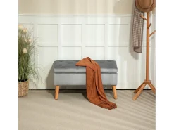 Banco con almacenaje y asiento acolchado, diseño elegante, poliéster y madera de caucho, gris (102x35x43cm)