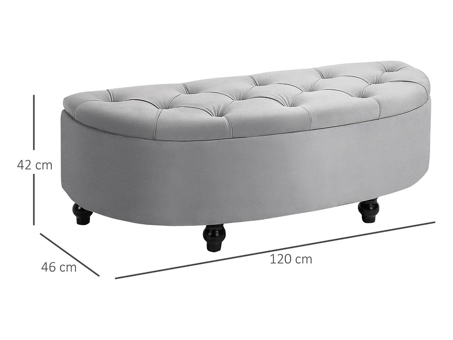 Banco con almacenaje y asiento de terciopelo, poliéster y madera, gris (120x46x42 cm)