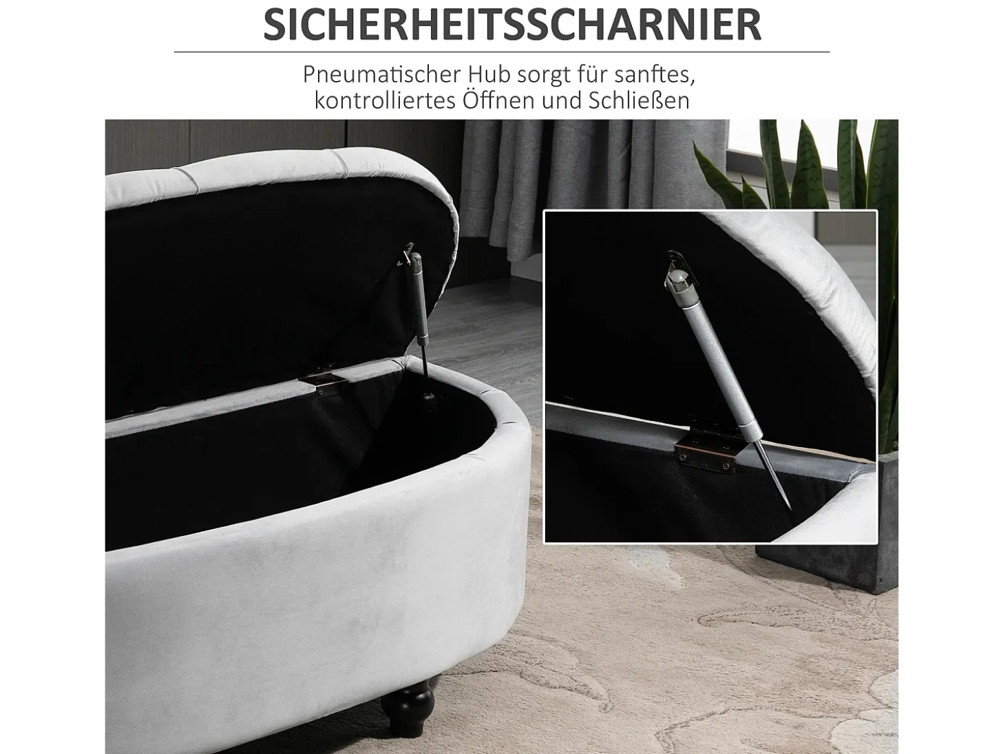 Banco con almacenaje y asiento de terciopelo, poliéster y madera, gris (120x46x42 cm)
