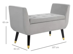 Banco con almacenaje y reposabrazos, diseño lujoso, poliéster aterciopelado, gris claro (107x42x65 cm)