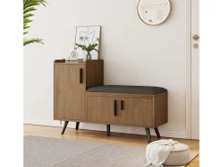 Banco de almacenaje moderno, con 3 puertas, tiradores metálicos asimétricos, estructura de madera natural (100x34x68,5 cm)