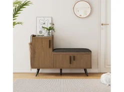 Banco de almacenaje moderno, con 3 puertas, tiradores metálicos asimétricos, estructura de madera natural (100x34x68,5 cm)