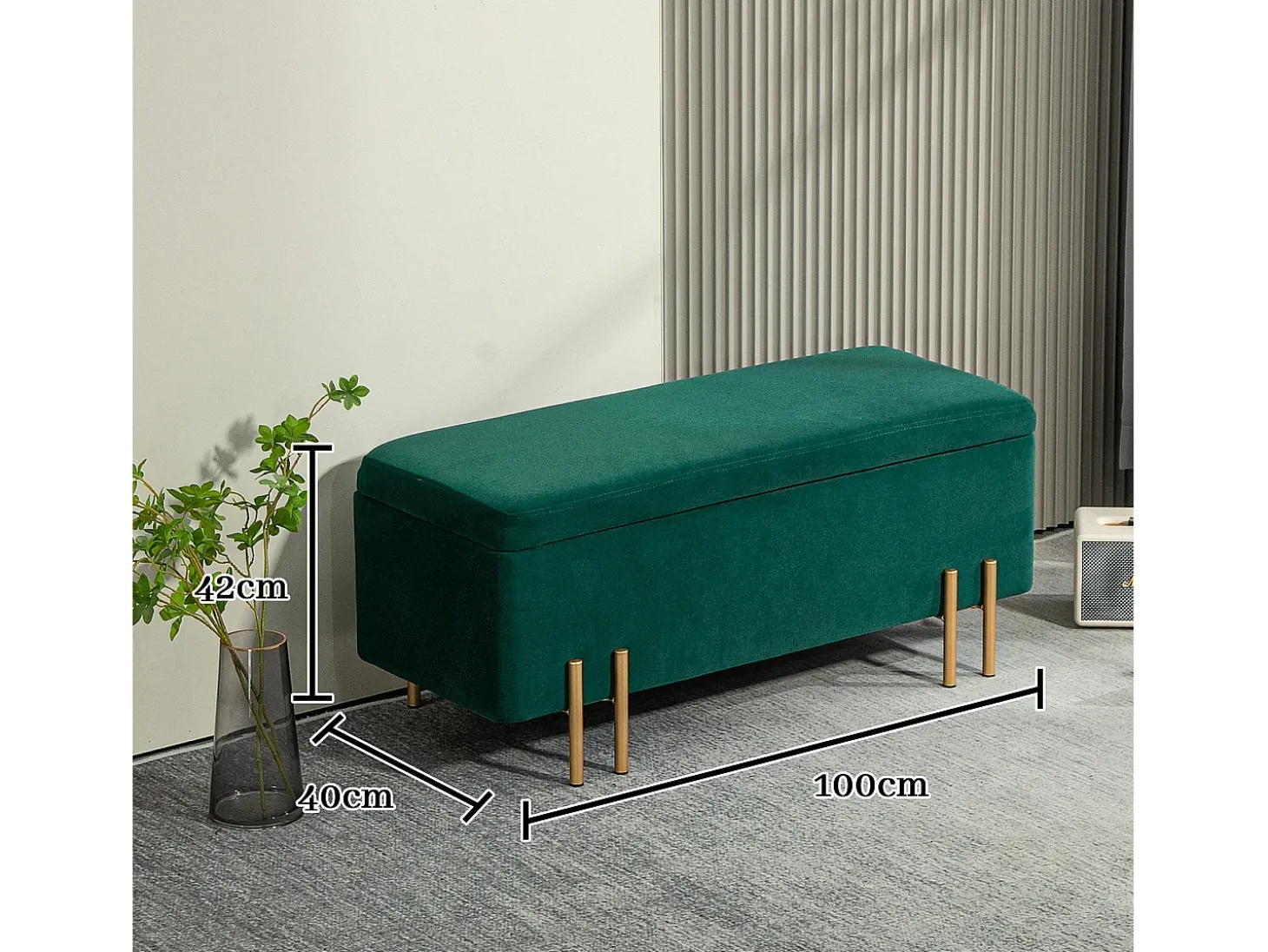 Banco de almacenaje tapizado, diseño moderno, poliéster y metal, verde, con arcón integrado (100x40x42cm)