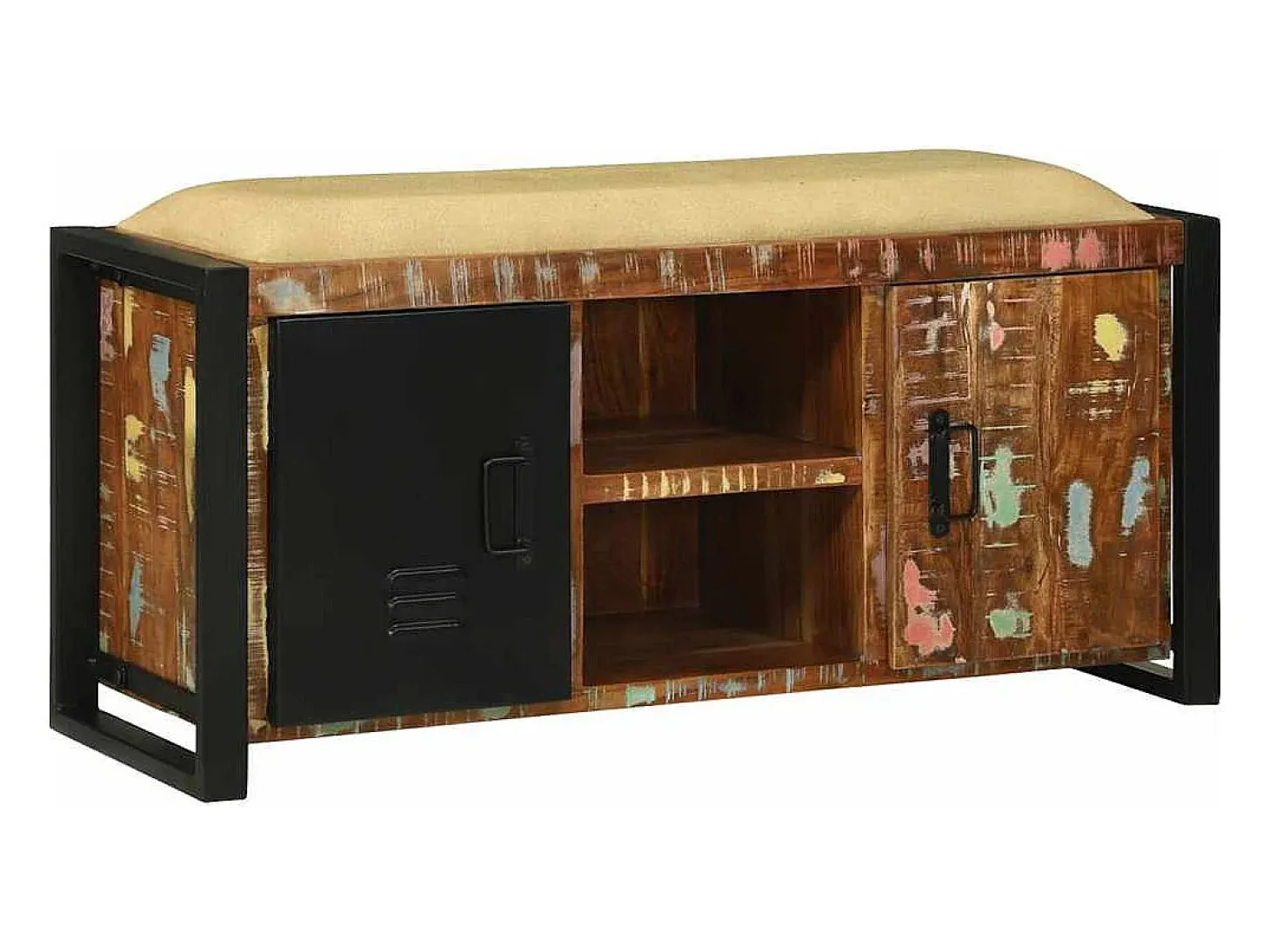 Banco de almacenamiento multicolor de madera maciza recuperada