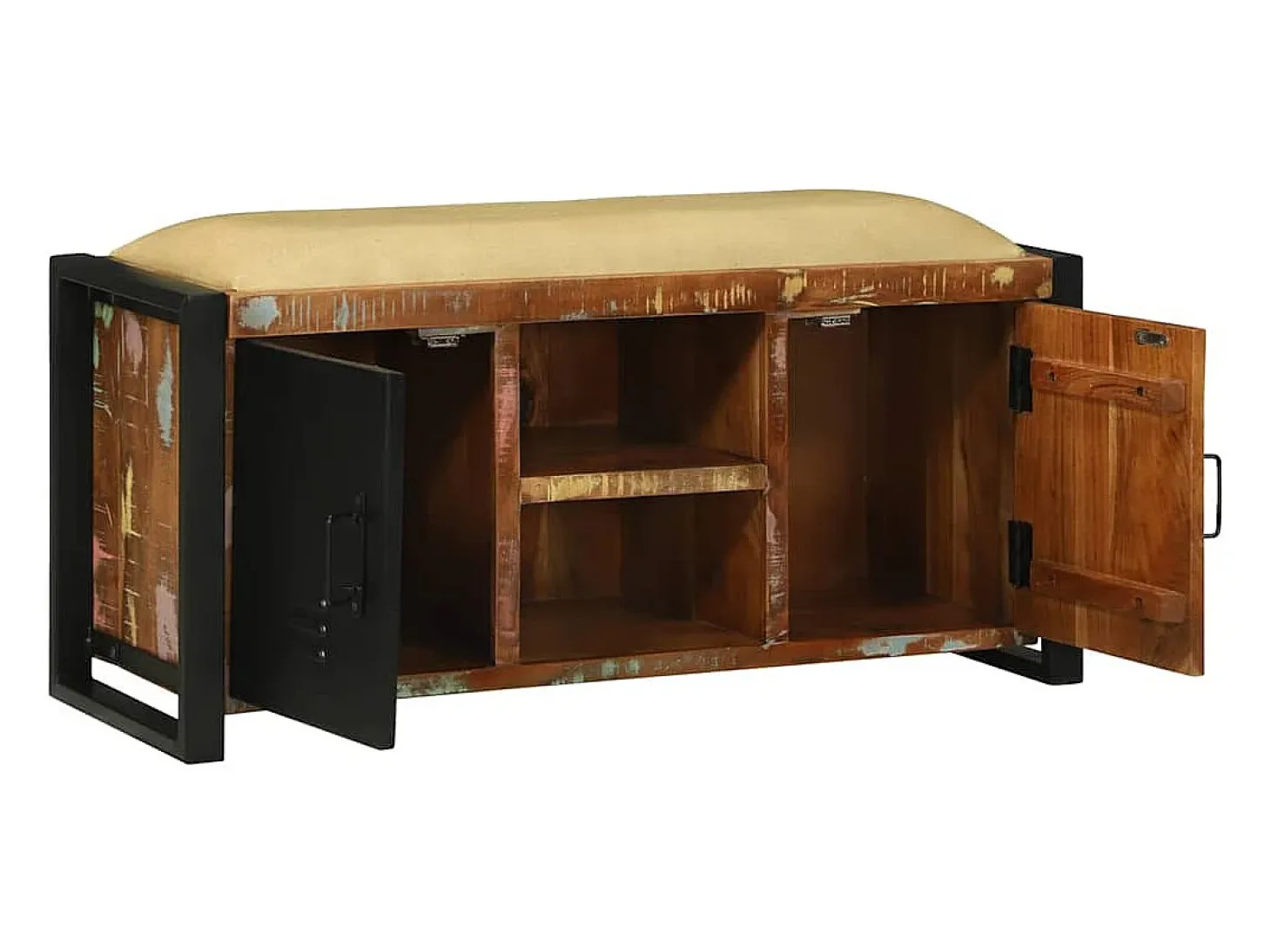 Banco de almacenamiento multicolor de madera maciza recuperada