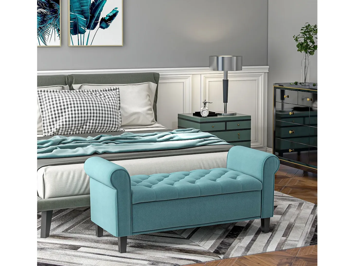 Banco de cama tapizado en terciopelo con espacio de almacenamiento integrado, poliéster, verde (126 x 48,5 x 57 cm)