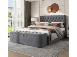 Banco tapizado con almacenaje - estructura de madera - terciopelo gris 138x41x42 cm