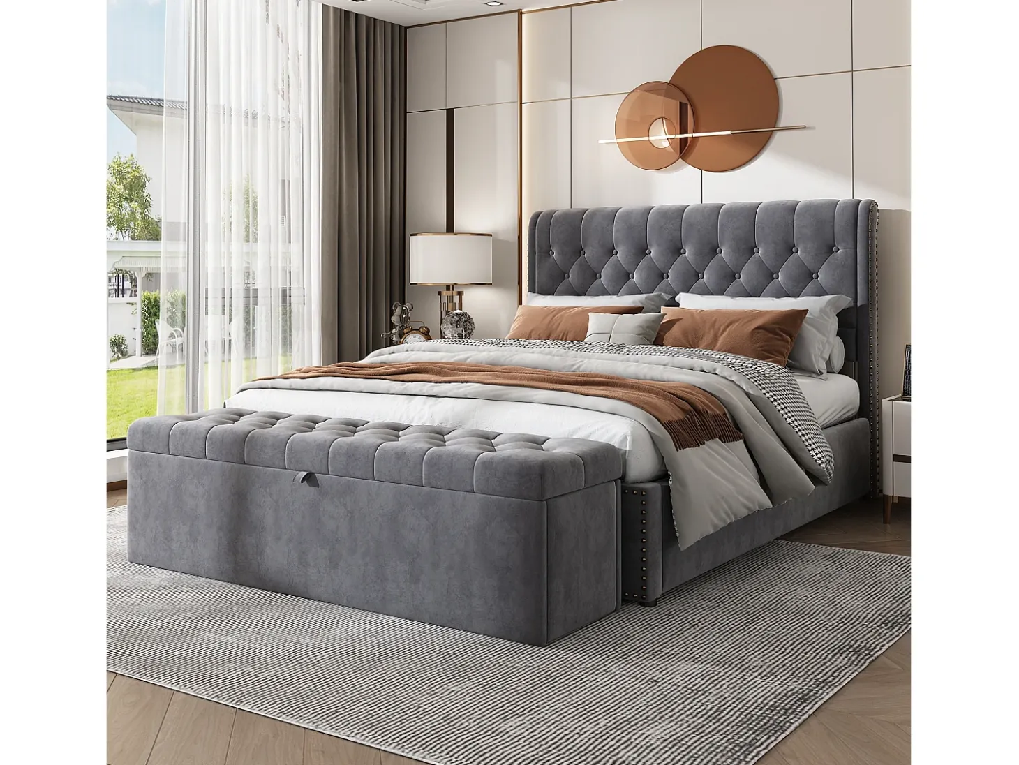 Banco tapizado con almacenaje - estructura de madera - terciopelo gris 138x41x42 cm