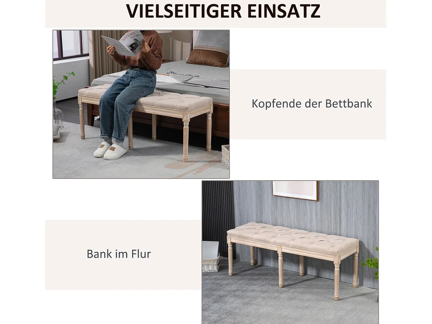 Banco vintage con botones, diseño francés, poliéster, beige (117x40x48cm)