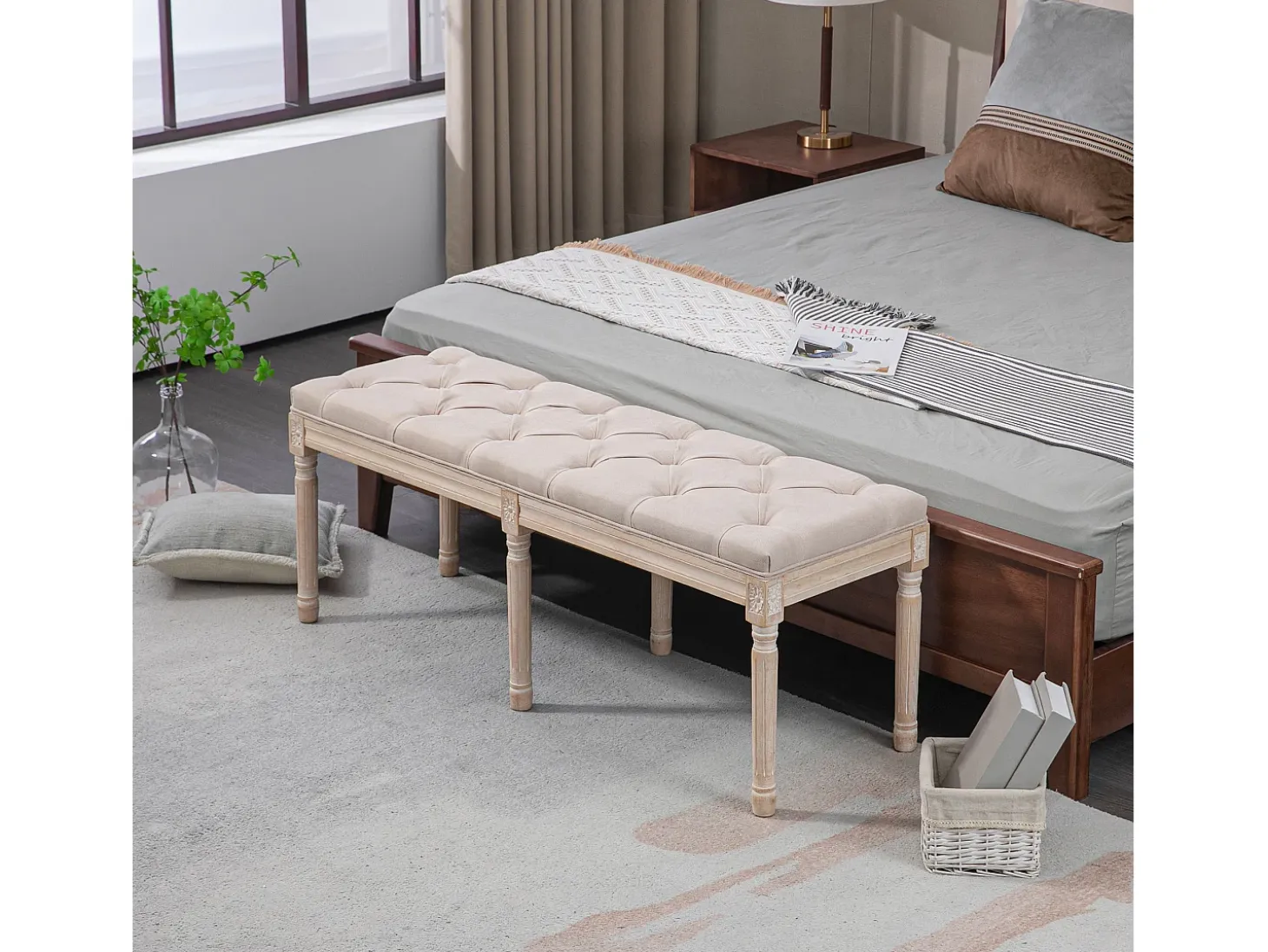 Banco vintage con botones, diseño francés, poliéster, beige (117x40x48cm)