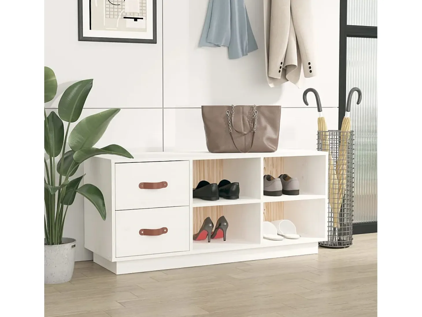 Banco zapatero blanco 100x34x45 cm Madera maciza de pino