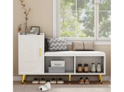 Banco zapatero con 1 puerta, 2 nichos y cojín - patas y tiradores de metal dorado - Blanco - 120 x 35 x 68,5 cm