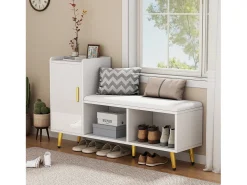 Banco zapatero con 1 puerta, 2 nichos y cojín - patas y tiradores de metal dorado - Blanco - 120 x 35 x 68,5 cm
