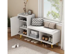 Banco zapatero con 1 puerta, 2 nichos y cojín - patas y tiradores de metal dorado - Blanco - 120 x 35 x 68,5 cm