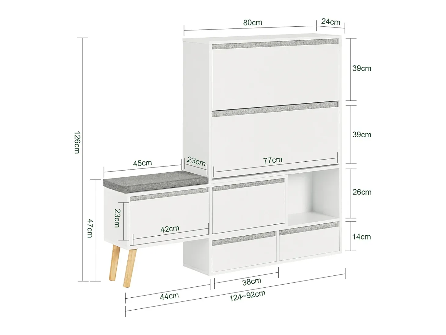 Banco Zapatero con 2 Solapas, 2 cajones y Banco móvil Armario de Entrada 124-92 x 24 x 126 cm FSR134-W SoBuy ES
