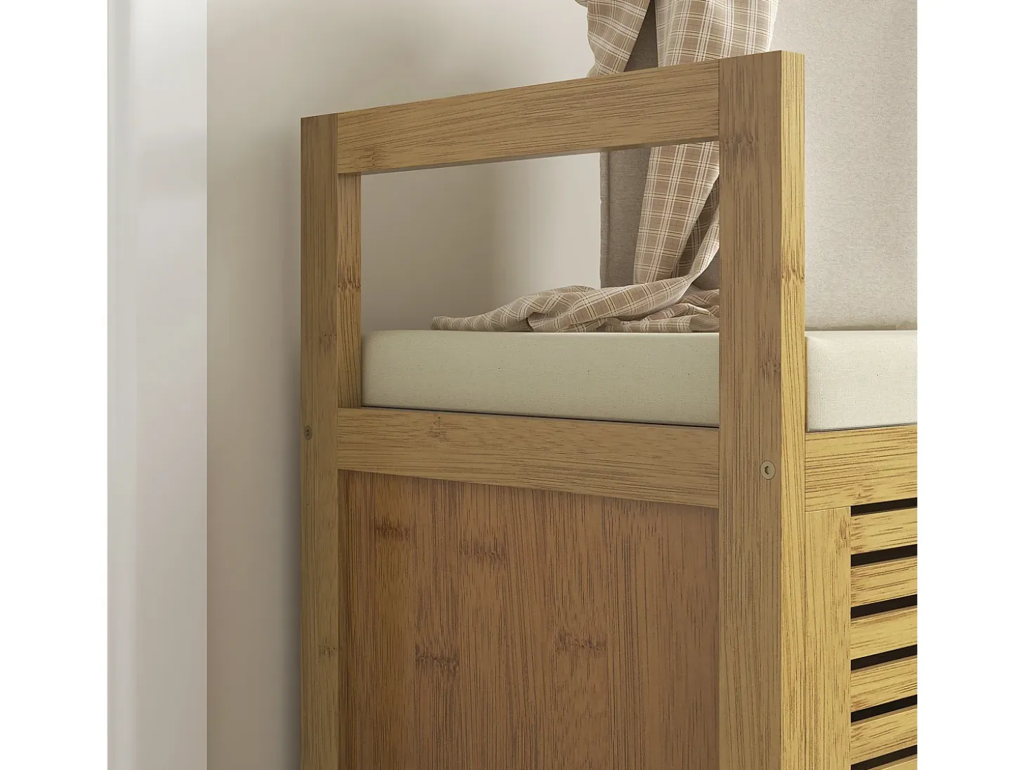 Banco zapatero con almacenaje integrado y estante plegable, fabricado en bambú, color madera natural (100x40x60cm)
