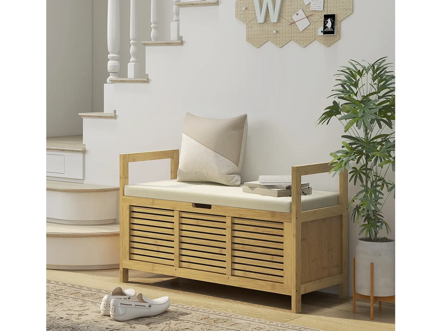 Banco zapatero con almacenaje integrado y estante plegable, fabricado en bambú, color madera natural (100x40x60cm)