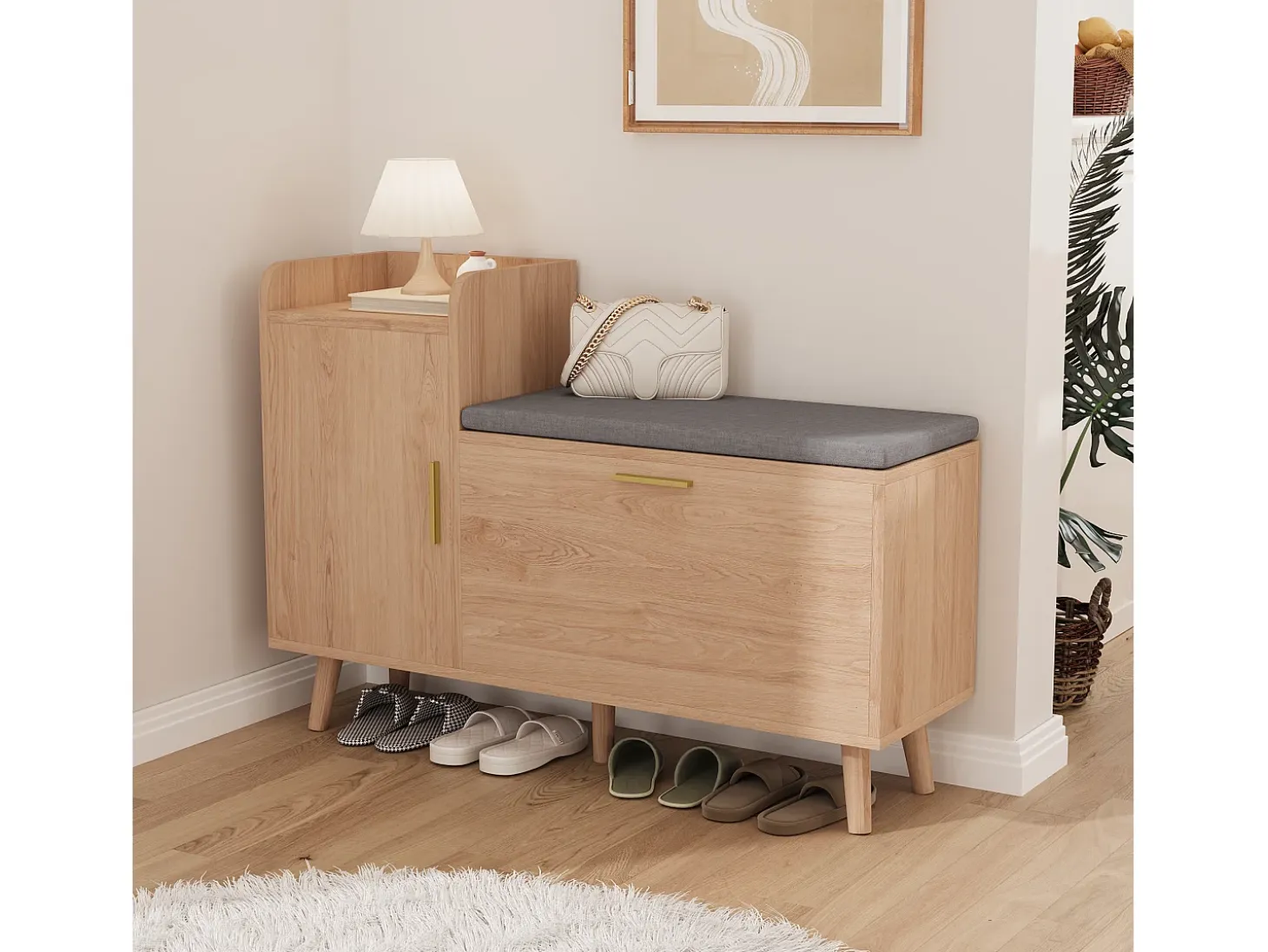 Banco zapatero con asiento, zapatero con espacio de almacenamiento para entrada, Madera