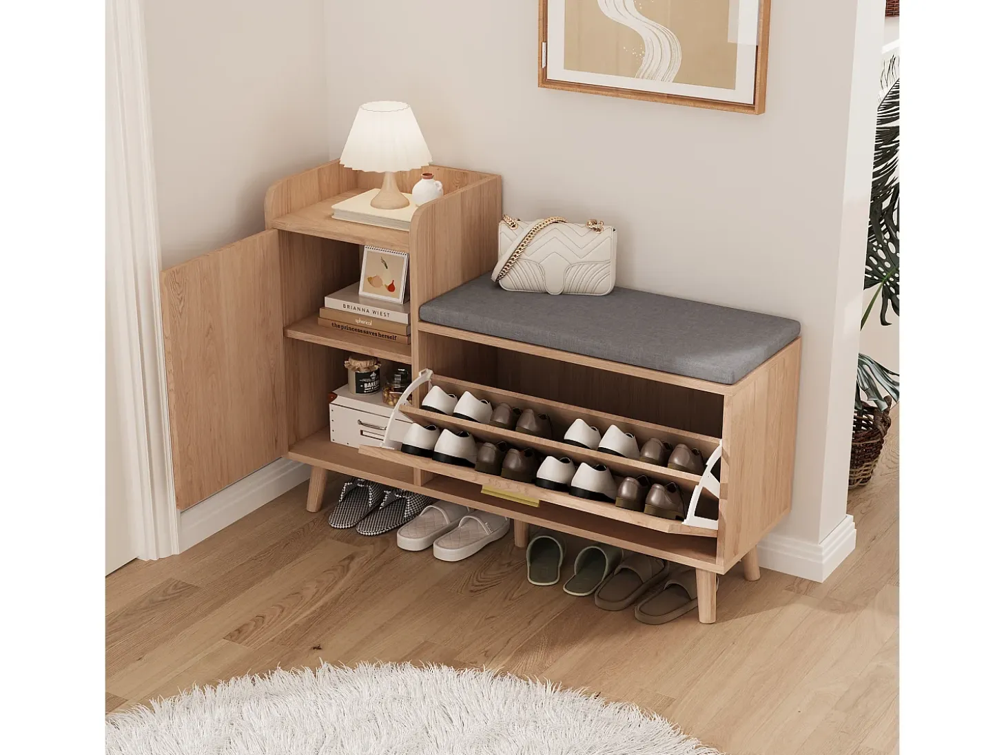 Banco zapatero con asiento, zapatero con espacio de almacenamiento para entrada, Madera