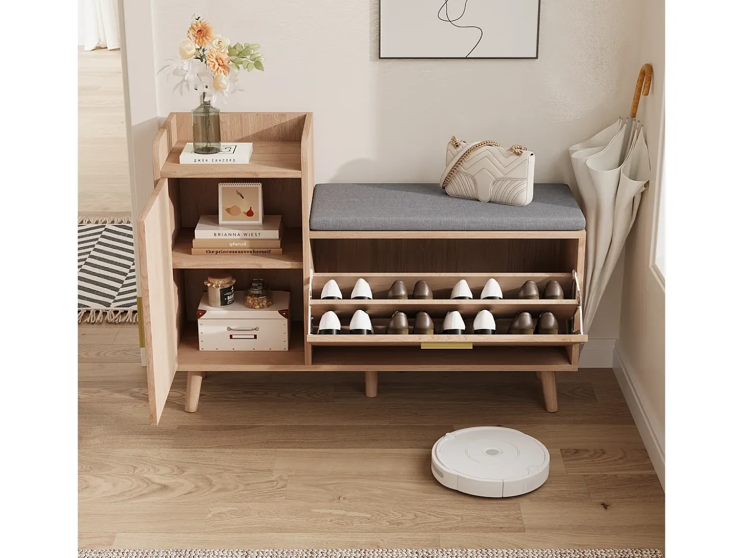 Banco zapatero con asiento, zapatero con espacio de almacenamiento para entrada, Madera