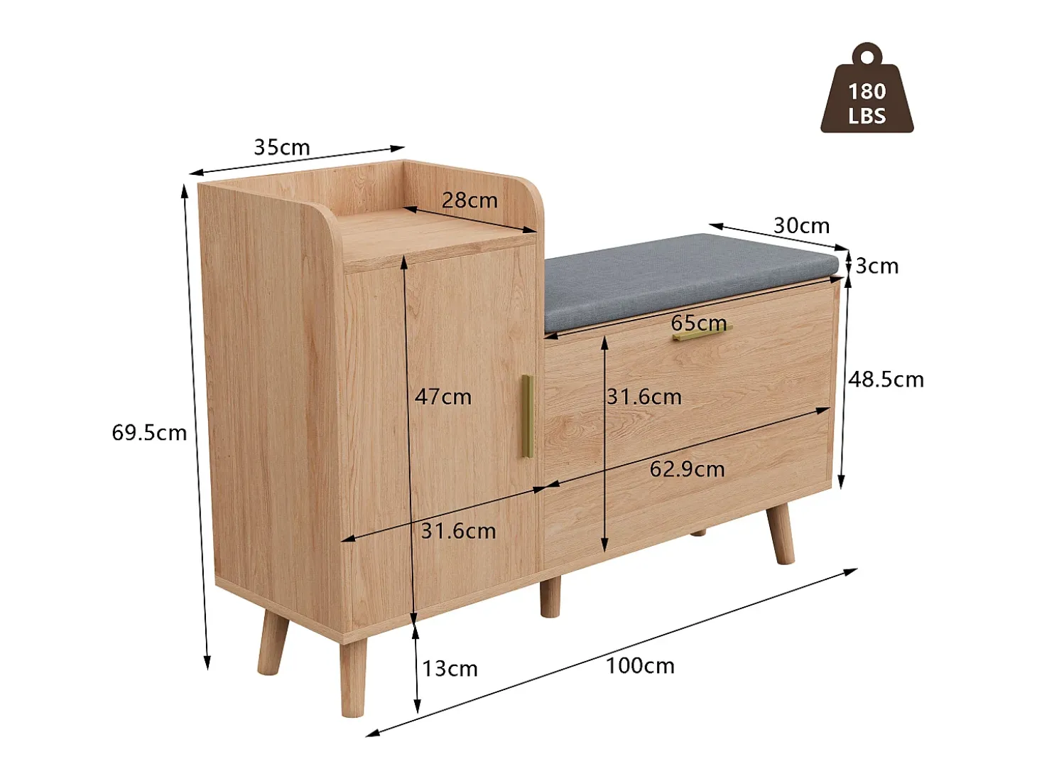 Banco zapatero con asiento, zapatero con espacio de almacenamiento para entrada, Madera