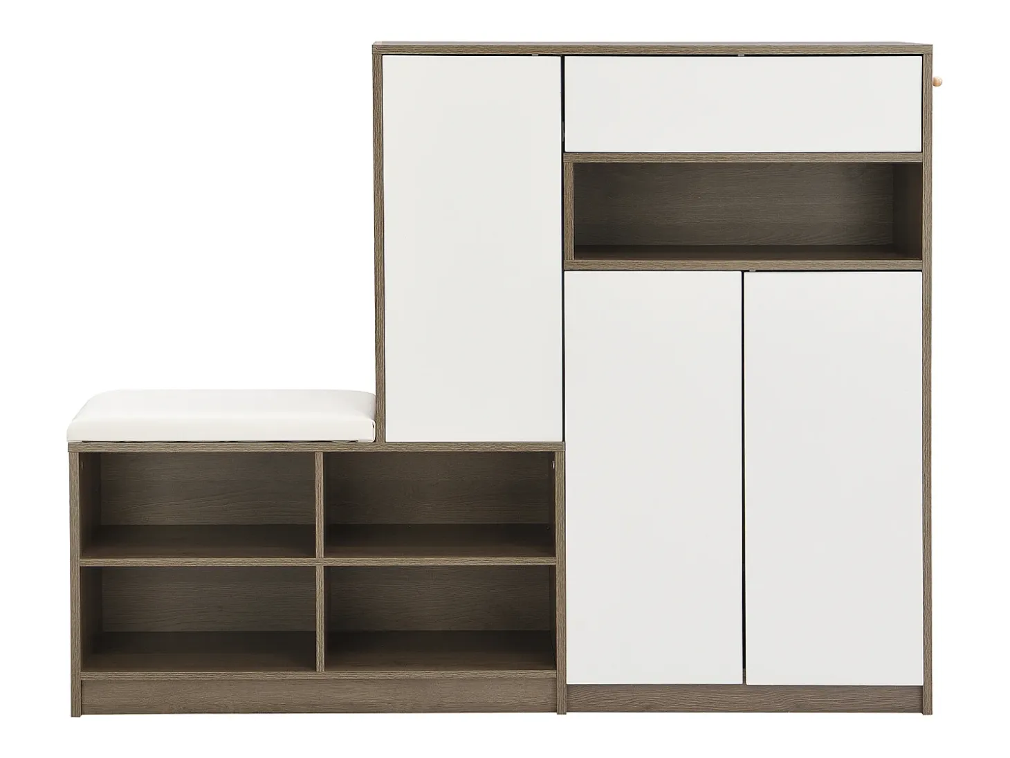 Banco zapatero con cojín, zapatero multifuncional con estantes ajustables para pasillo, blanco (140 x 35 x 110 cm)