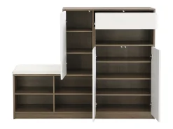 Banco zapatero con cojín, zapatero multifuncional con estantes ajustables para pasillo, blanco (140 x 35 x 110 cm)