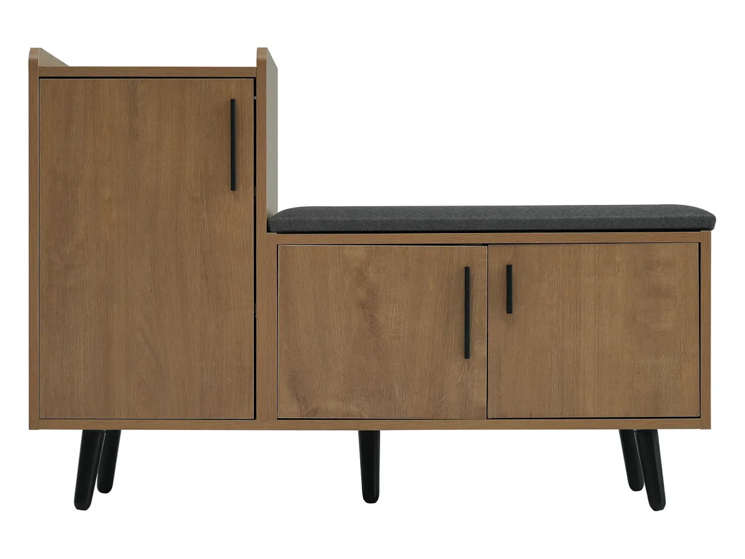 Banco zapatero de 100 cm, 3 puertas, asiento acolchado, almacenaje multinivel, tiradores asimétricos