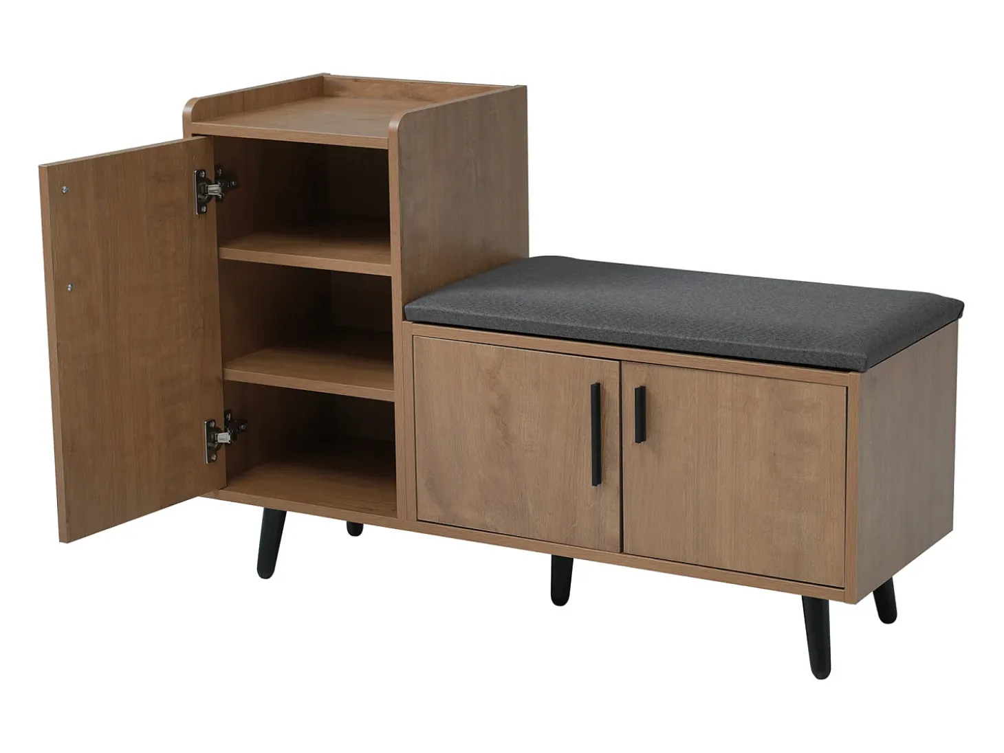 Banco zapatero de 100 cm, 3 puertas, asiento acolchado, almacenaje multinivel, tiradores asimétricos