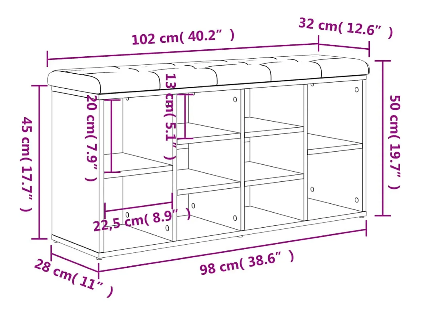 Banco zapatero de hormigón gris 102x32x50 cm madera de ingeniería