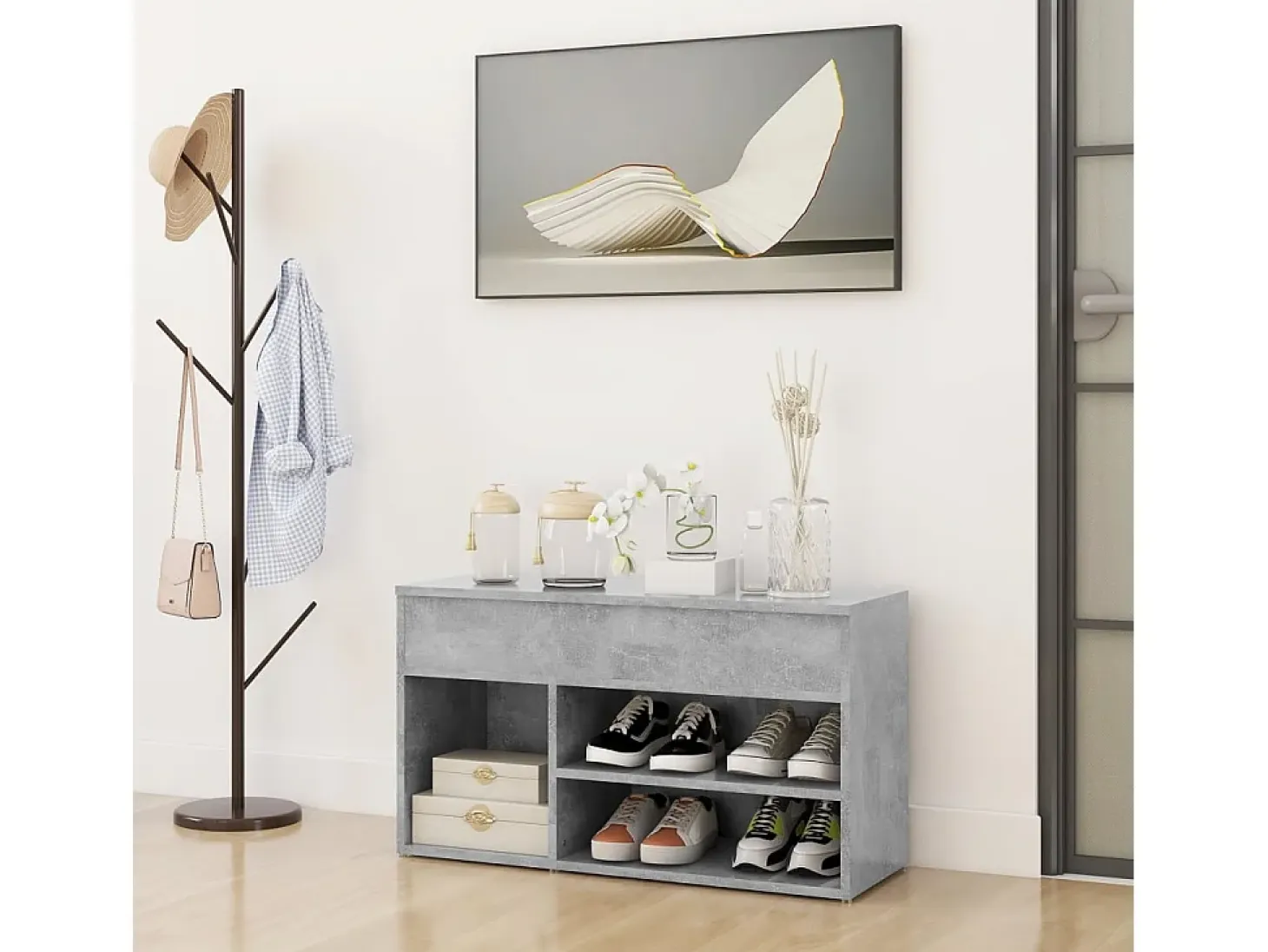 Banco zapatero de hormigón gris 80x30x45 cm Madera de ingeniería